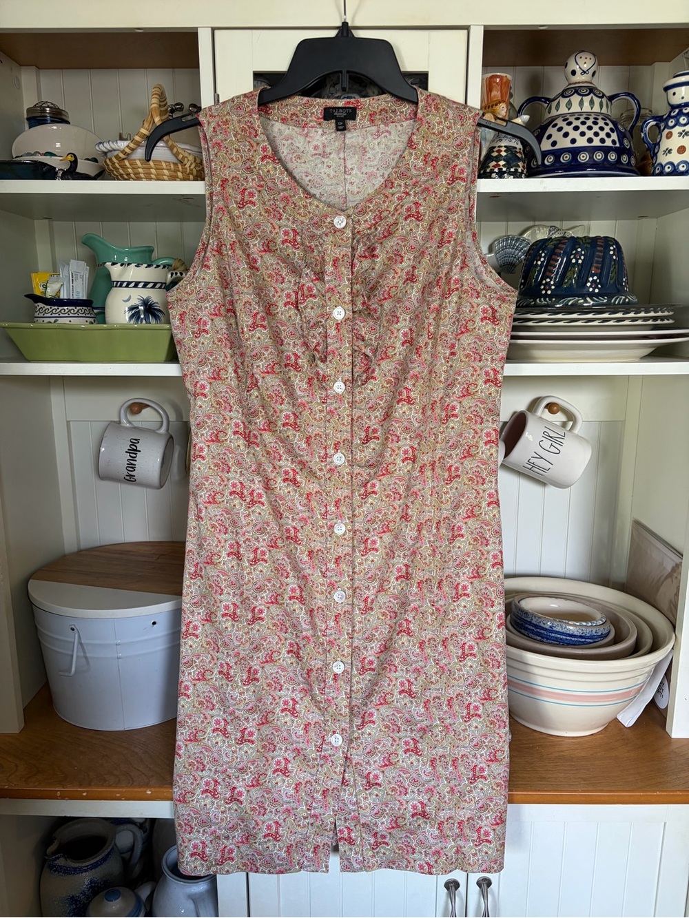 Talbots Y2K Dress 12P Pink and Beige Floral Sleeveless Button-Front Tie Belt